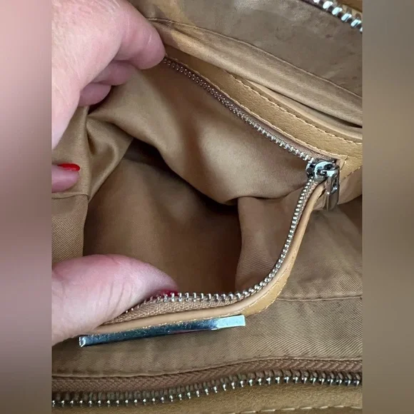 Miztique Tan Natural Faux Leather Canvas Stripe Tote Handbag Purse no long strap - Picture 7 of 8